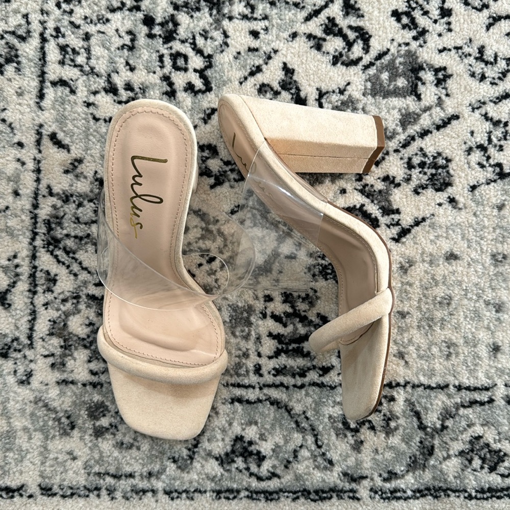 Lulu’s suede block heel with clear strap